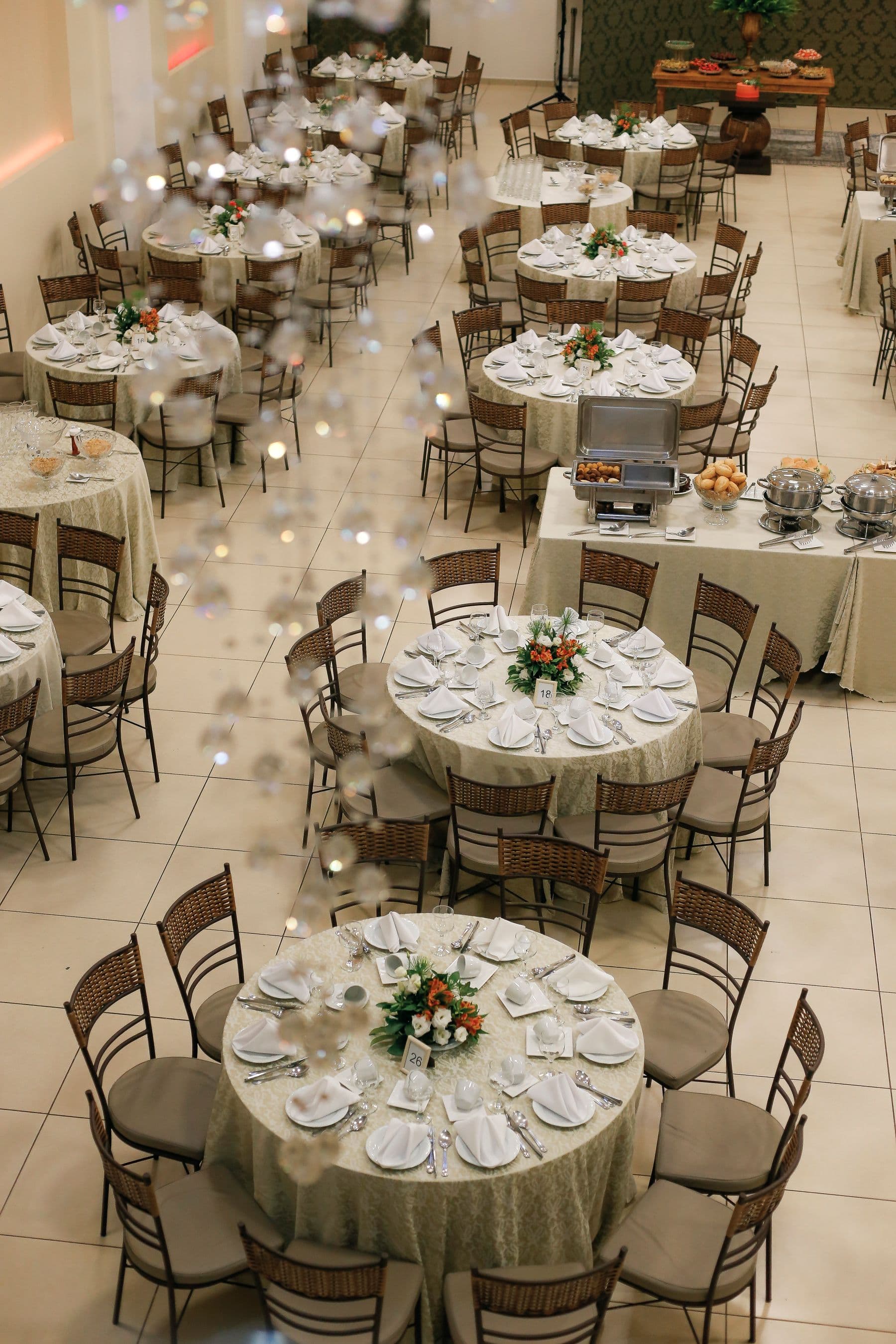 Rows of decorated chairs facing the stage in the main hall